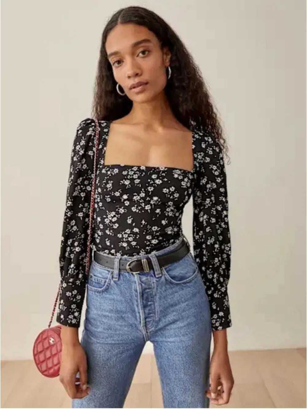 Reformation Calla Top Black White Floral Smocked Back Long Puff Sleeves EUC 4